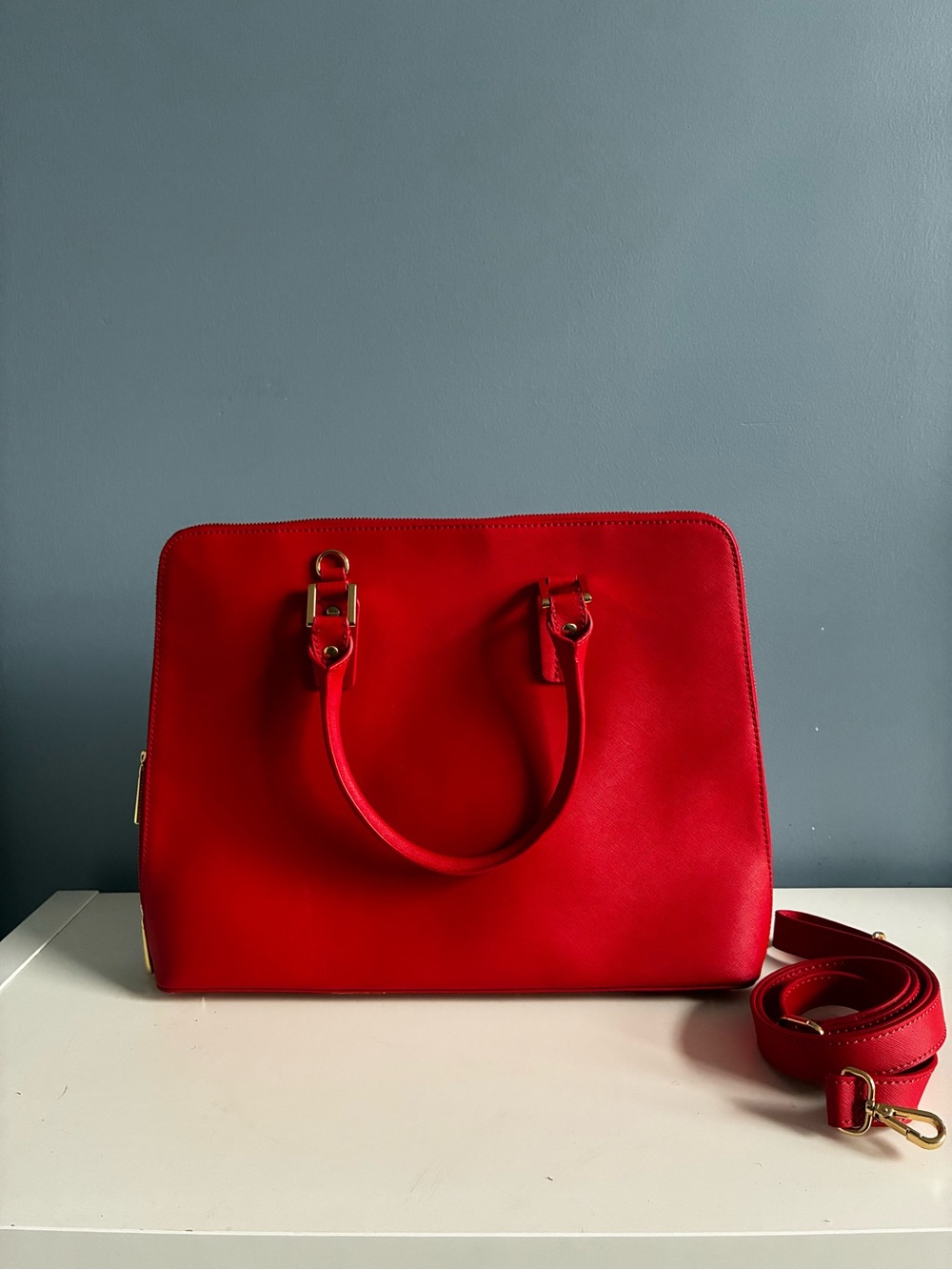 Danier Red Leather Satchel with Gold Hardware